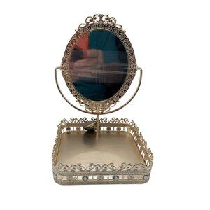 Vintage-Style Gold Vanity Mirror With Jewelry Tray Ornate Decorative Design Oval